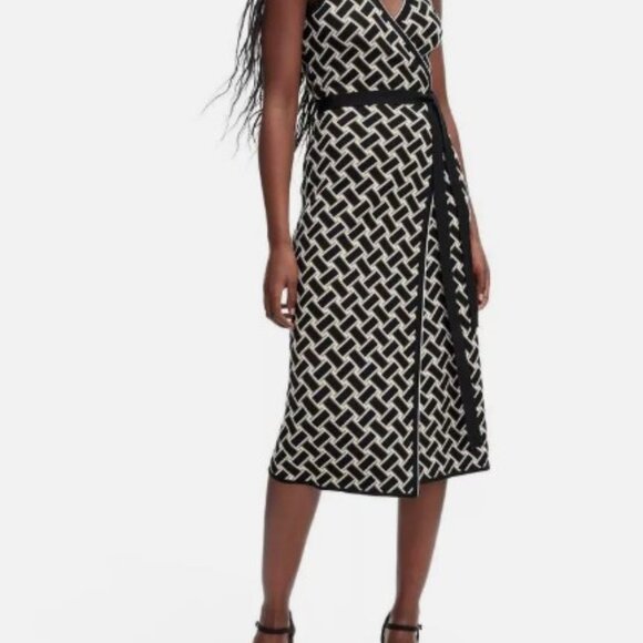 NEW DVF Diane Von Furstenberg Target Midi Collared Sleeveless Wrap Dress Size L - Picture 2 of 5